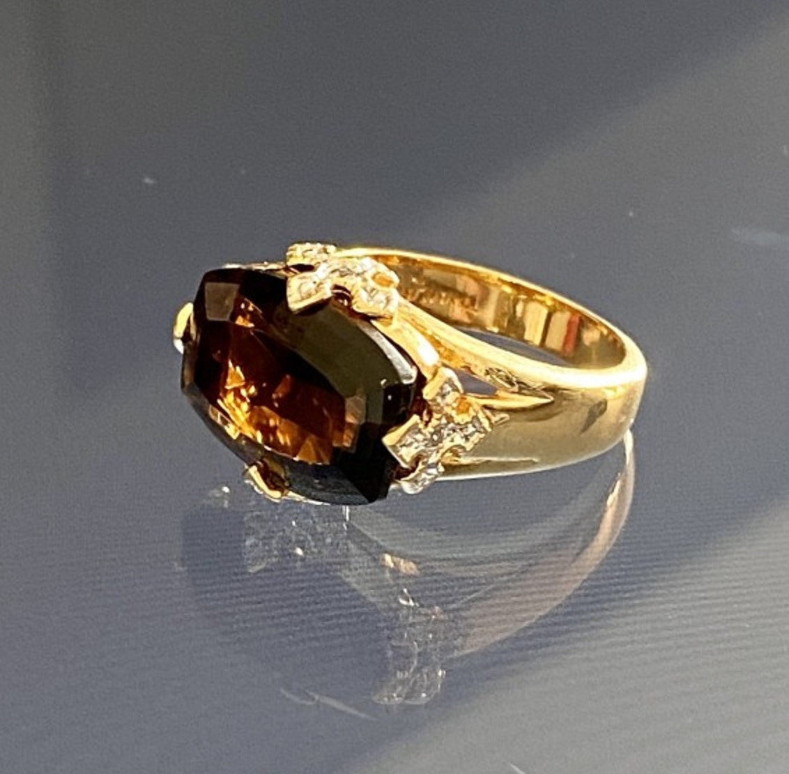 925 Sterling Silver Gold Plated Hessonite & Diamonds Ring Size 5.5